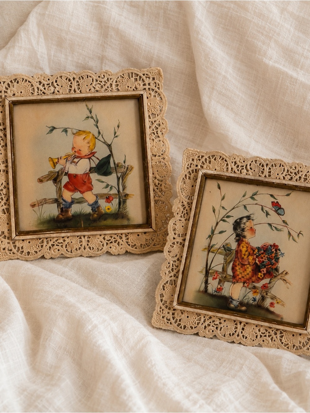 Antique 1940’s German Hummel style framed Marion Bradford Burgess Lithograph Set